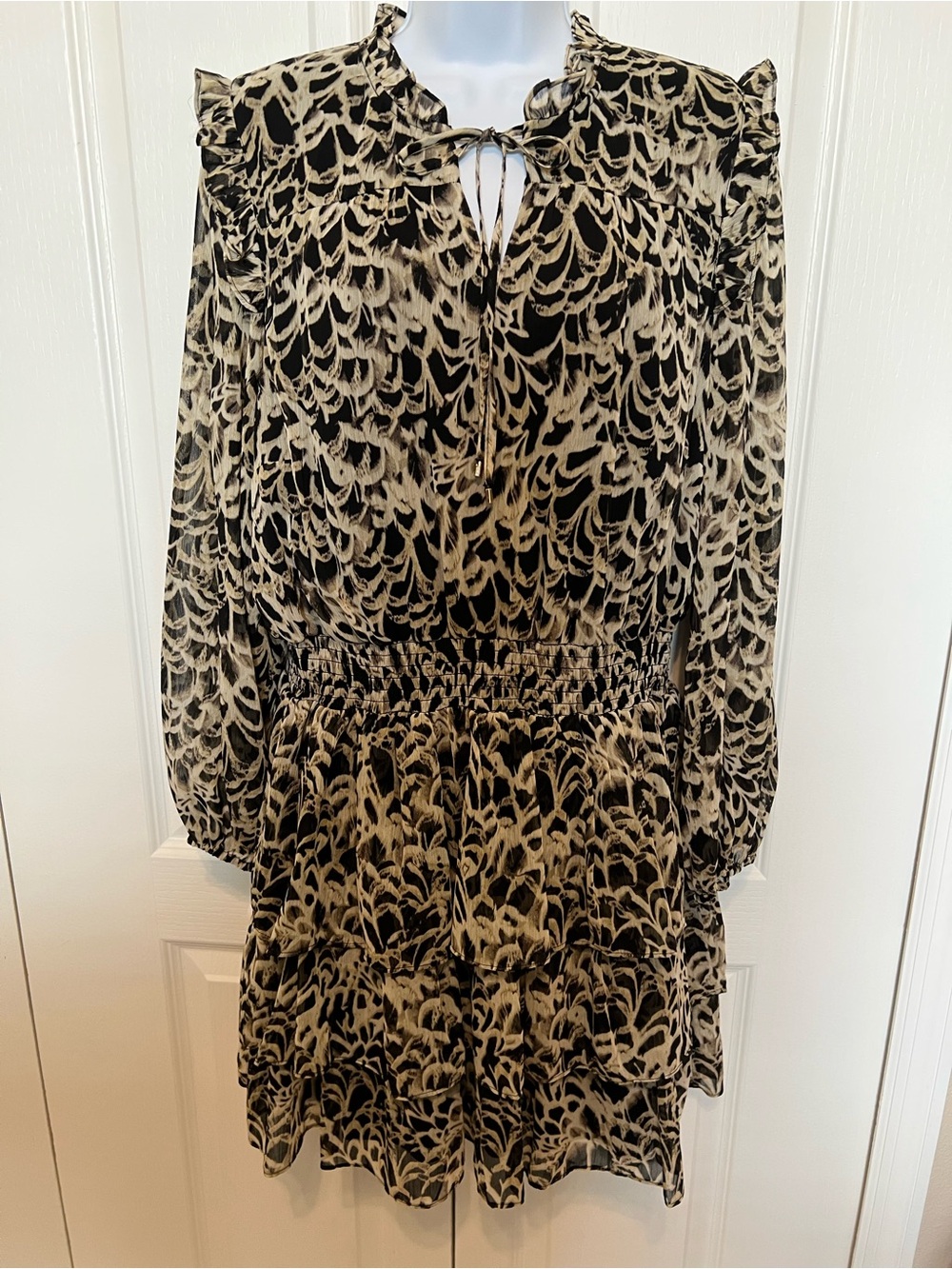 1. State Black and Cream Printed Long-Sleeve Tie-Neck Ruffle Dress